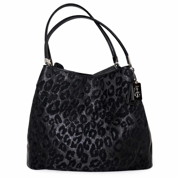 Coach Handbags - SOLDCoach Madison Phoebe Shoulder Bag Black Ocelot Leopard Print Chenille Leathe